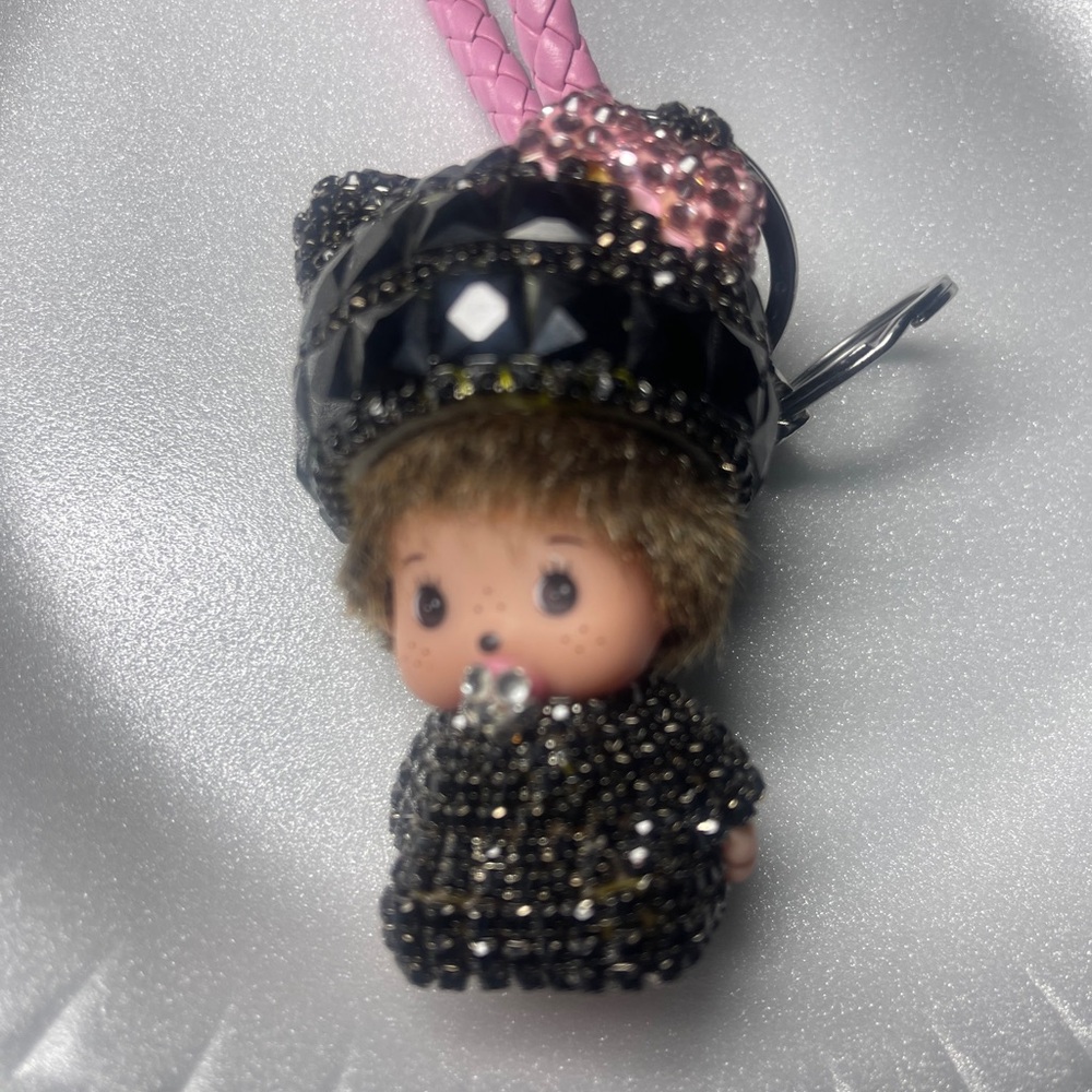 Black Bejeweled rhinestone Monchichi purse backpack bag charm Keychain. - Picture 4 of 5